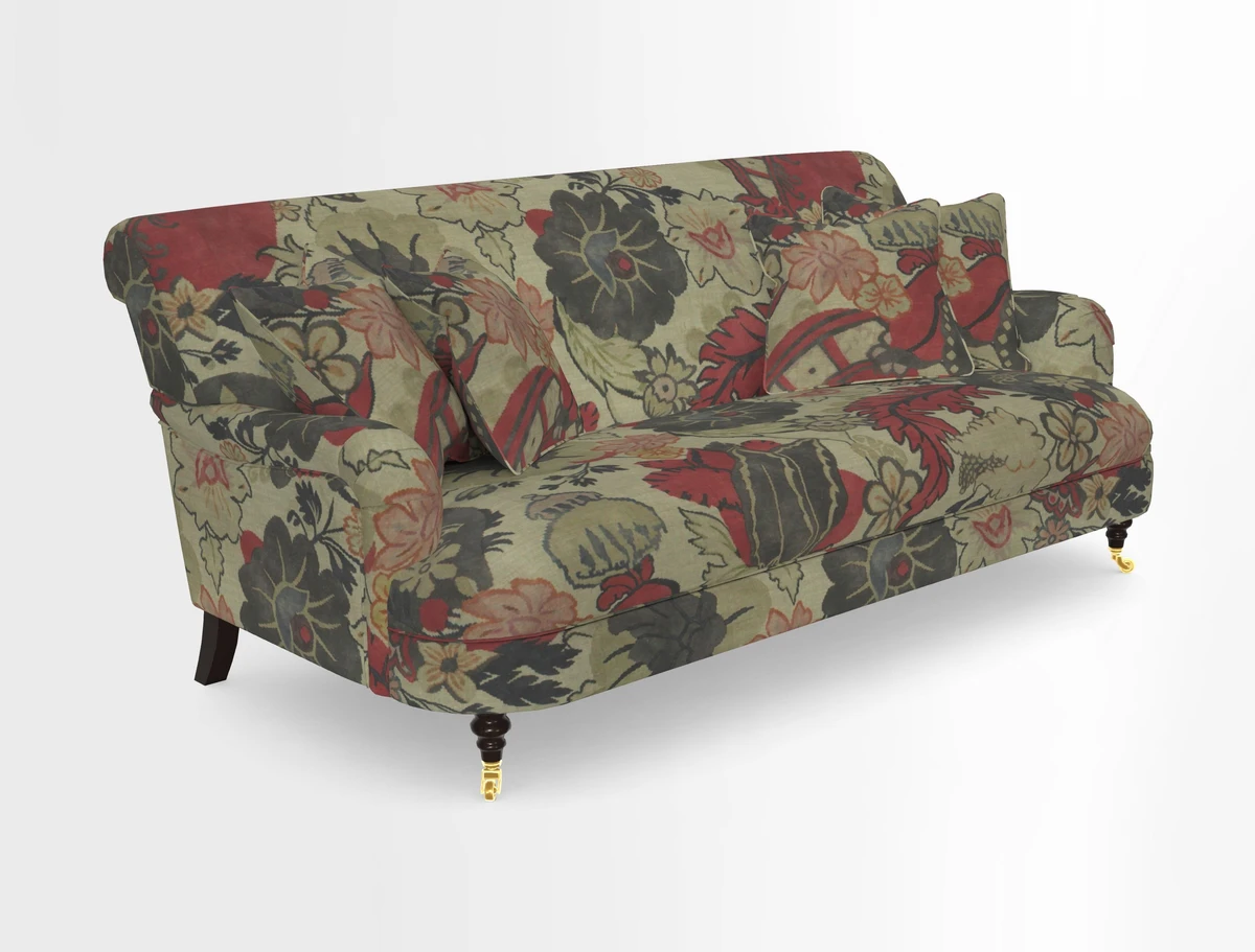 Holmfirth 3 Seater Seater Sofa in RHS Collection on Velvet Pieter van Kouwenhoorn Tulips with scatters in Almost Plain Velvet Maple and Brick