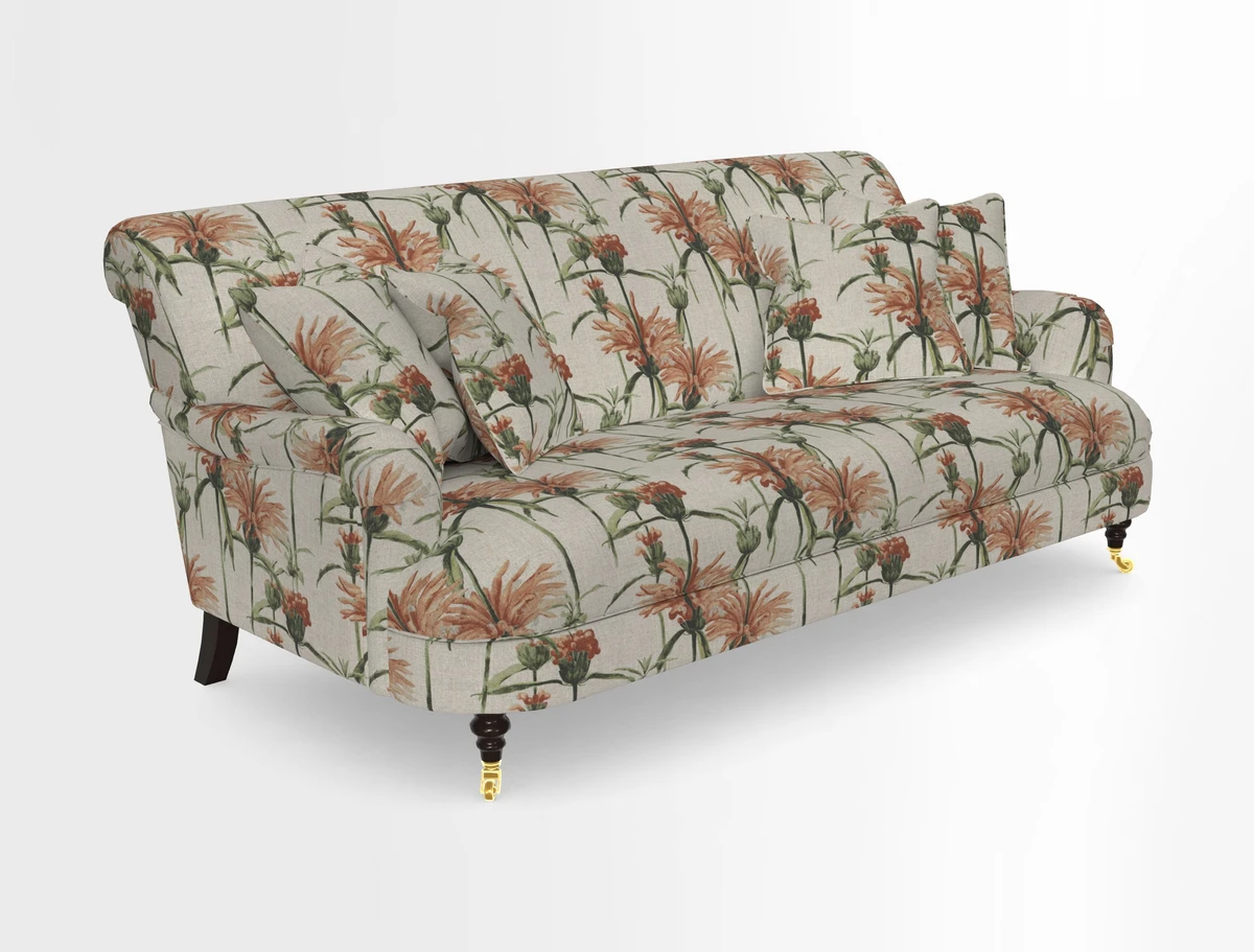 Holmfirth 3 Seater Seater Sofa in RHS Collection on Velvet Pieter van Kouwenhoorn Tulips with scatters in Almost Plain Velvet Maple and Brick