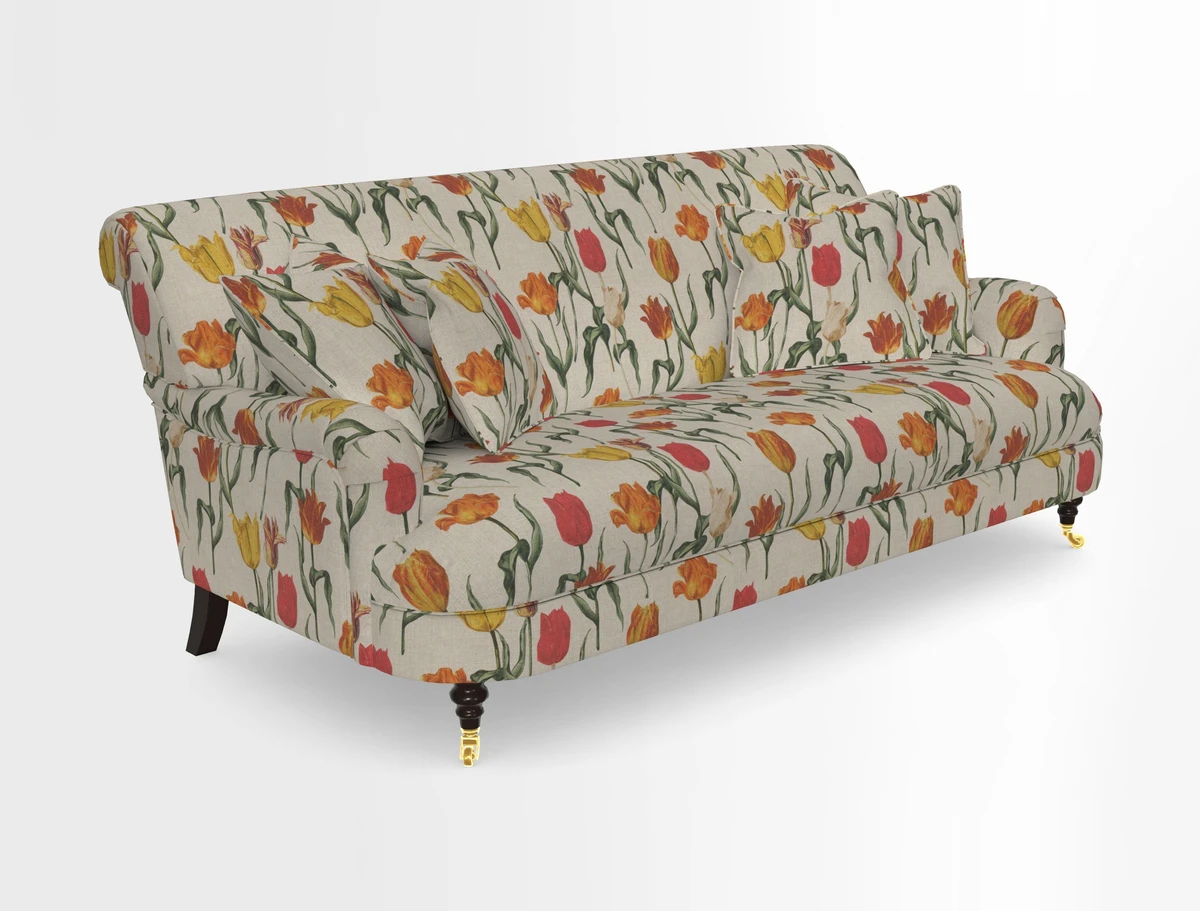 Holmfirth 3 Seater Seater Sofa in RHS Collection on Velvet Pieter van Kouwenhoorn Tulips with scatters in Almost Plain Velvet Maple and Brick