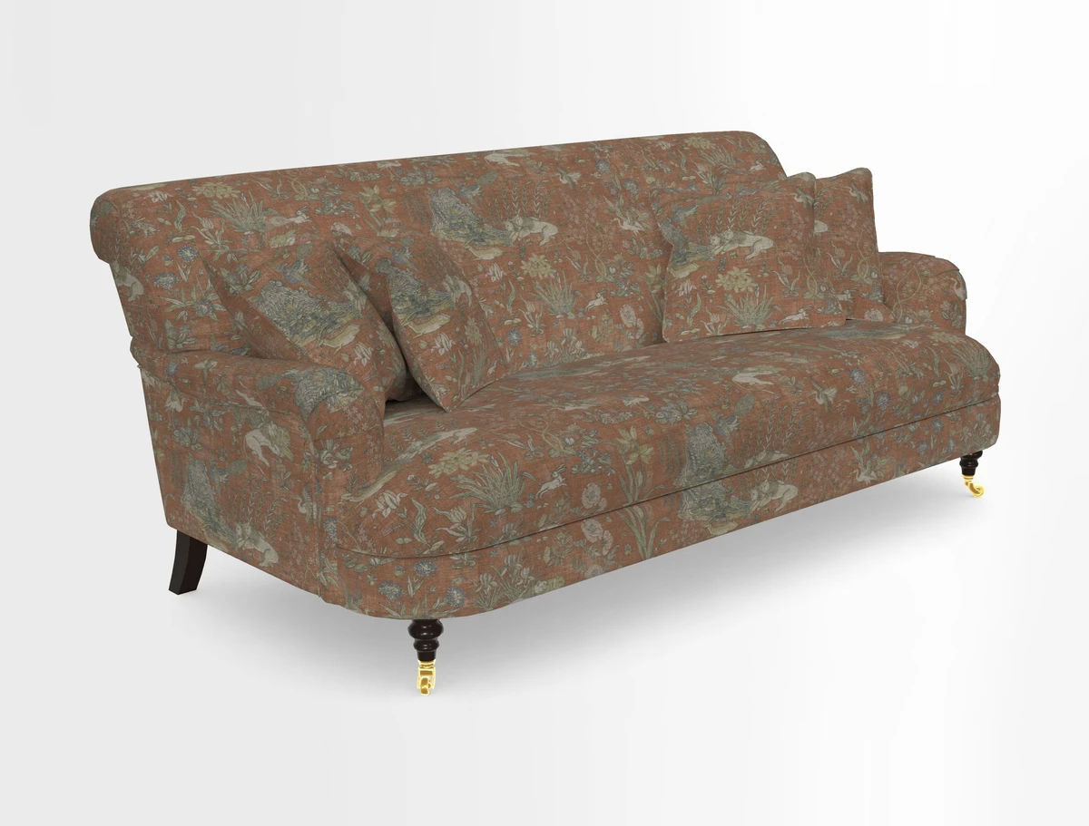 Holmfirth 3 Seater Seater Sofa in RHS Collection on Velvet Pieter van Kouwenhoorn Tulips with scatters in Almost Plain Velvet Maple and Brick