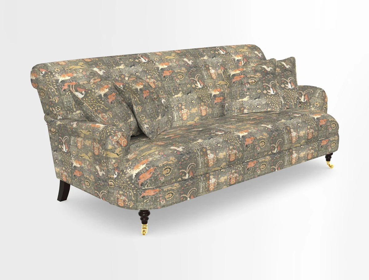Holmfirth 3 Seater Seater Sofa in RHS Collection on Velvet Pieter van Kouwenhoorn Tulips with scatters in Almost Plain Velvet Maple and Brick