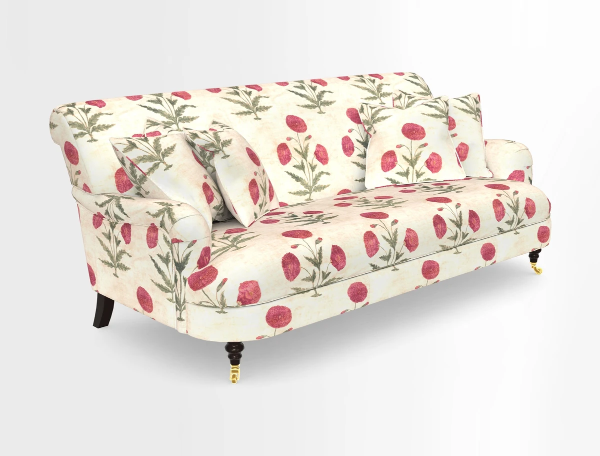 Holmfirth 3 Seater Seater Sofa in RHS Collection on Velvet Pieter van Kouwenhoorn Tulips with scatters in Almost Plain Velvet Maple and Brick