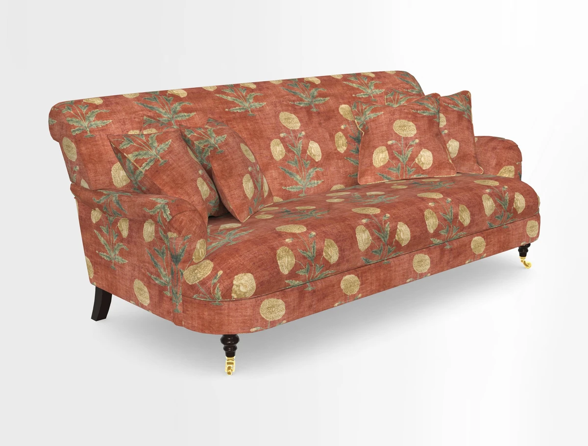 Holmfirth 3 Seater Seater Sofa in RHS Collection on Velvet Pieter van Kouwenhoorn Tulips with scatters in Almost Plain Velvet Maple and Brick