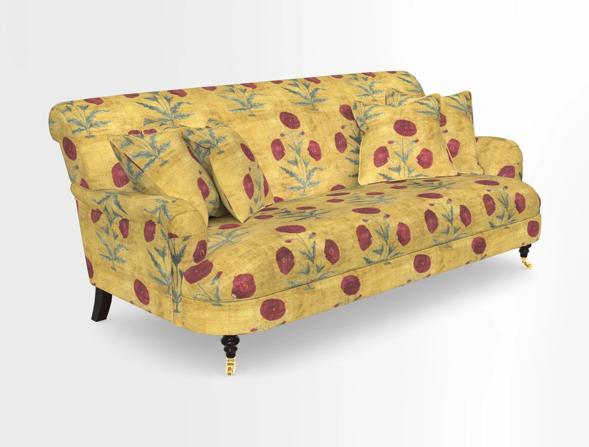 Holmfirth 3 Seater Seater Sofa in RHS Collection on Velvet Pieter van Kouwenhoorn Tulips with scatters in Almost Plain Velvet Maple and Brick