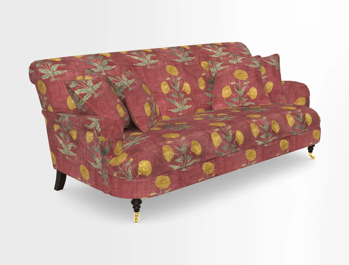 Holmfirth 3 Seater Seater Sofa in RHS Collection on Velvet Pieter van Kouwenhoorn Tulips with scatters in Almost Plain Velvet Maple and Brick