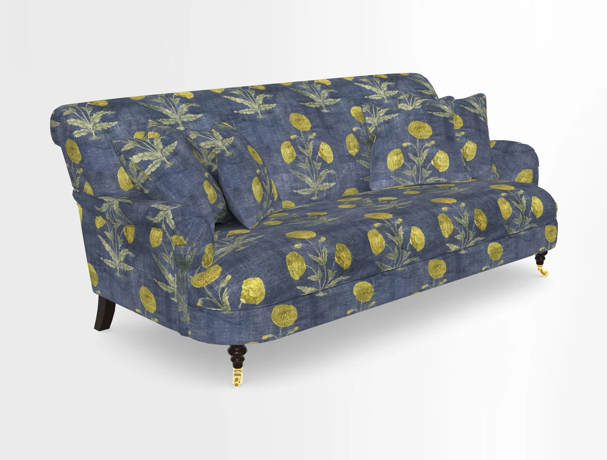 Holmfirth 3 Seater Seater Sofa in RHS Collection on Velvet Pieter van Kouwenhoorn Tulips with scatters in Almost Plain Velvet Maple and Brick