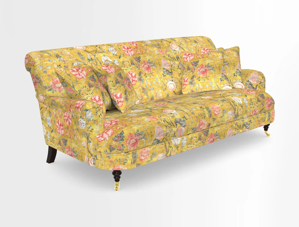 Holmfirth 3 Seater Seater Sofa in RHS Collection on Velvet Pieter van Kouwenhoorn Tulips with scatters in Almost Plain Velvet Maple and Brick