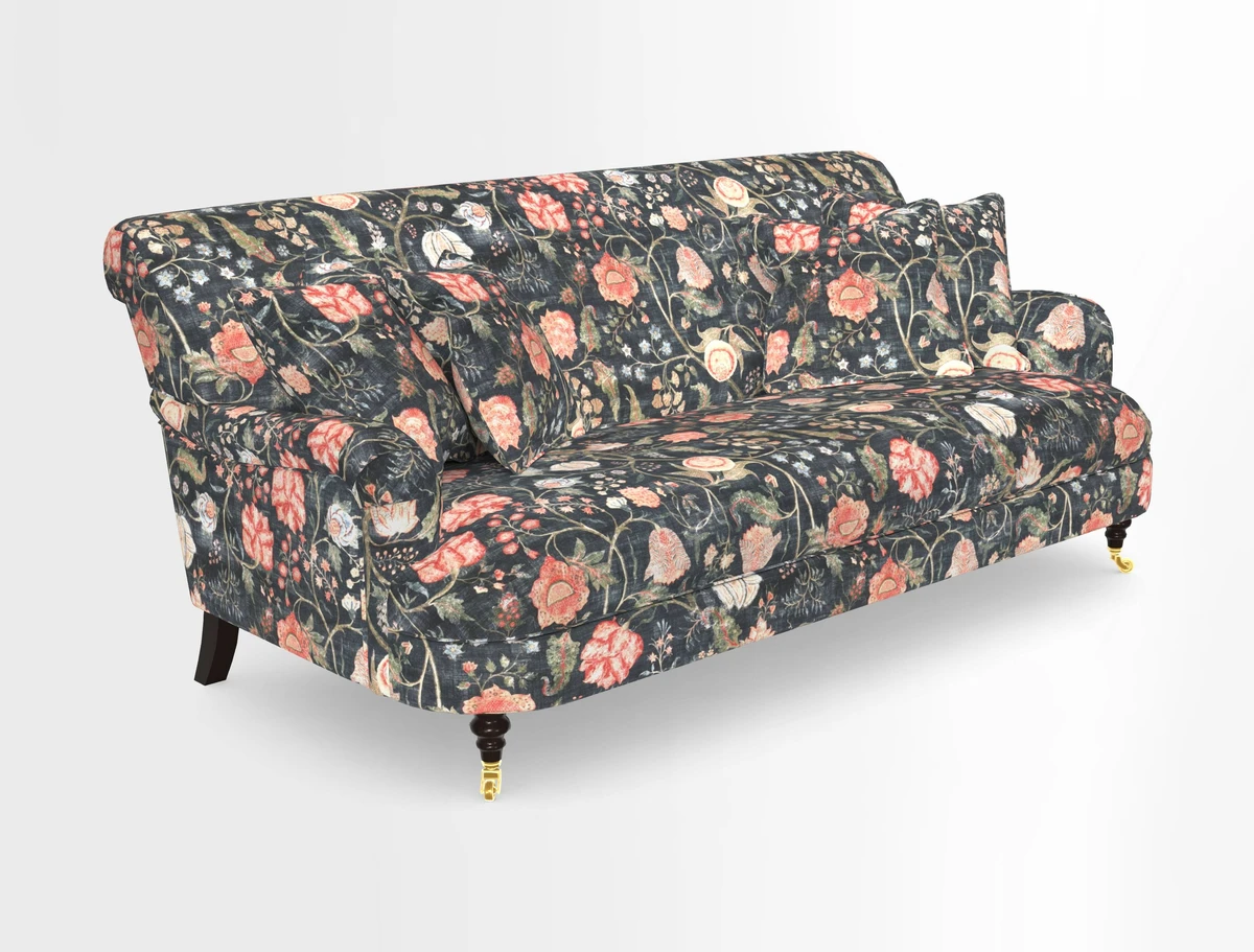 Holmfirth 3 Seater Seater Sofa in RHS Collection on Velvet Pieter van Kouwenhoorn Tulips with scatters in Almost Plain Velvet Maple and Brick