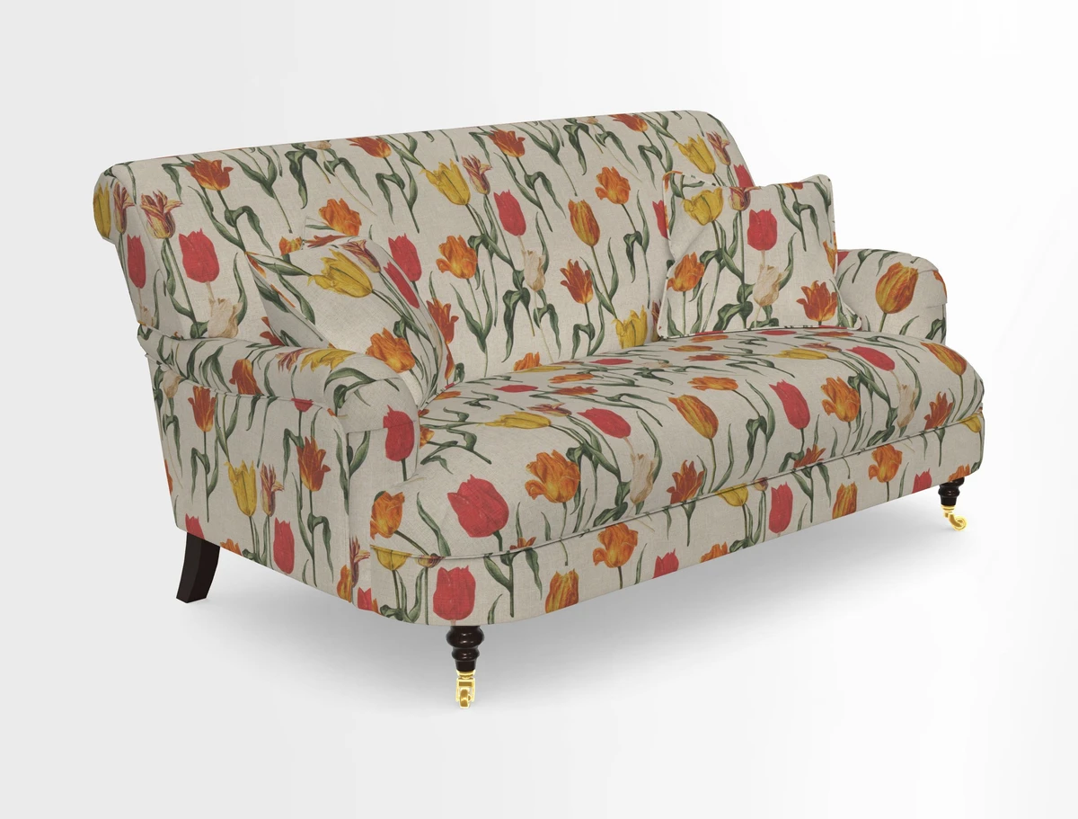 Holmfirth 3 Seater Seater Sofa in RHS Collection on Velvet Pieter van Kouwenhoorn Tulips with scatters in Almost Plain Velvet Maple and Brick