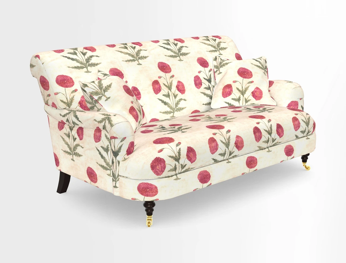 Holmfirth 3 Seater Seater Sofa in RHS Collection on Velvet Pieter van Kouwenhoorn Tulips with scatters in Almost Plain Velvet Maple and Brick