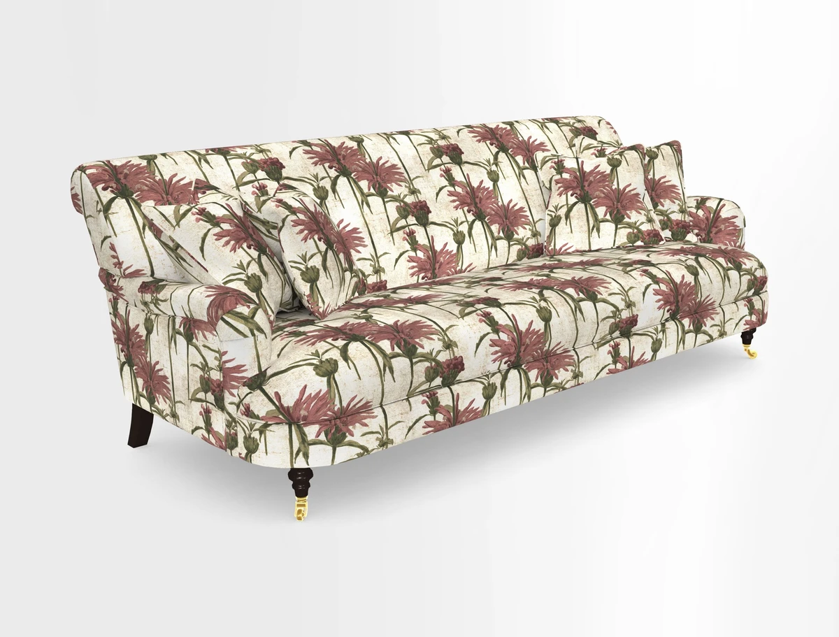 Holmfirth 3 Seater Seater Sofa in RHS Collection on Velvet Pieter van Kouwenhoorn Tulips with scatters in Almost Plain Velvet Maple and Brick
