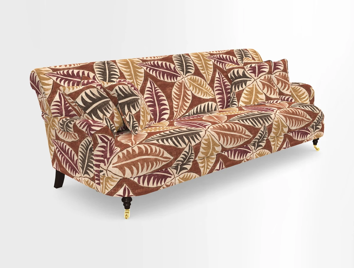 Holmfirth 3 Seater Seater Sofa in RHS Collection on Velvet Pieter van Kouwenhoorn Tulips with scatters in Almost Plain Velvet Maple and Brick