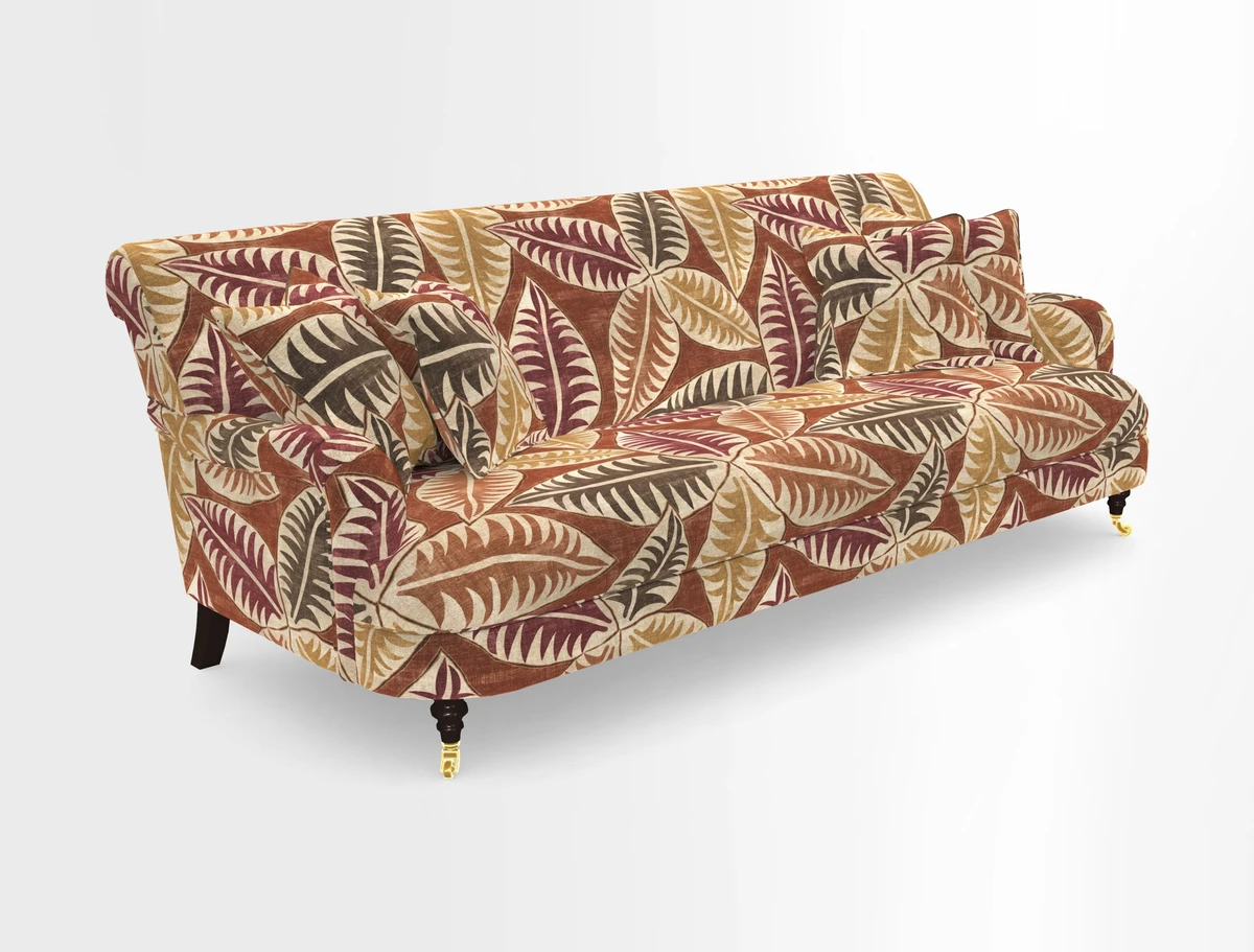 Holmfirth 3 Seater Seater Sofa in RHS Collection on Velvet Pieter van Kouwenhoorn Tulips with scatters in Almost Plain Velvet Maple and Brick