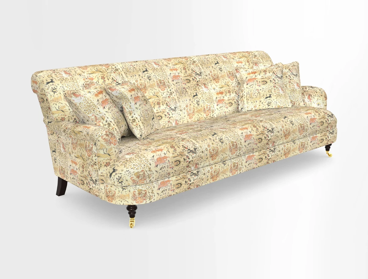 Holmfirth 3 Seater Seater Sofa in RHS Collection on Velvet Pieter van Kouwenhoorn Tulips with scatters in Almost Plain Velvet Maple and Brick