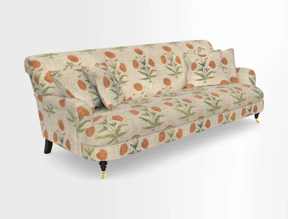 Holmfirth 3 Seater Seater Sofa in RHS Collection on Velvet Pieter van Kouwenhoorn Tulips with scatters in Almost Plain Velvet Maple and Brick