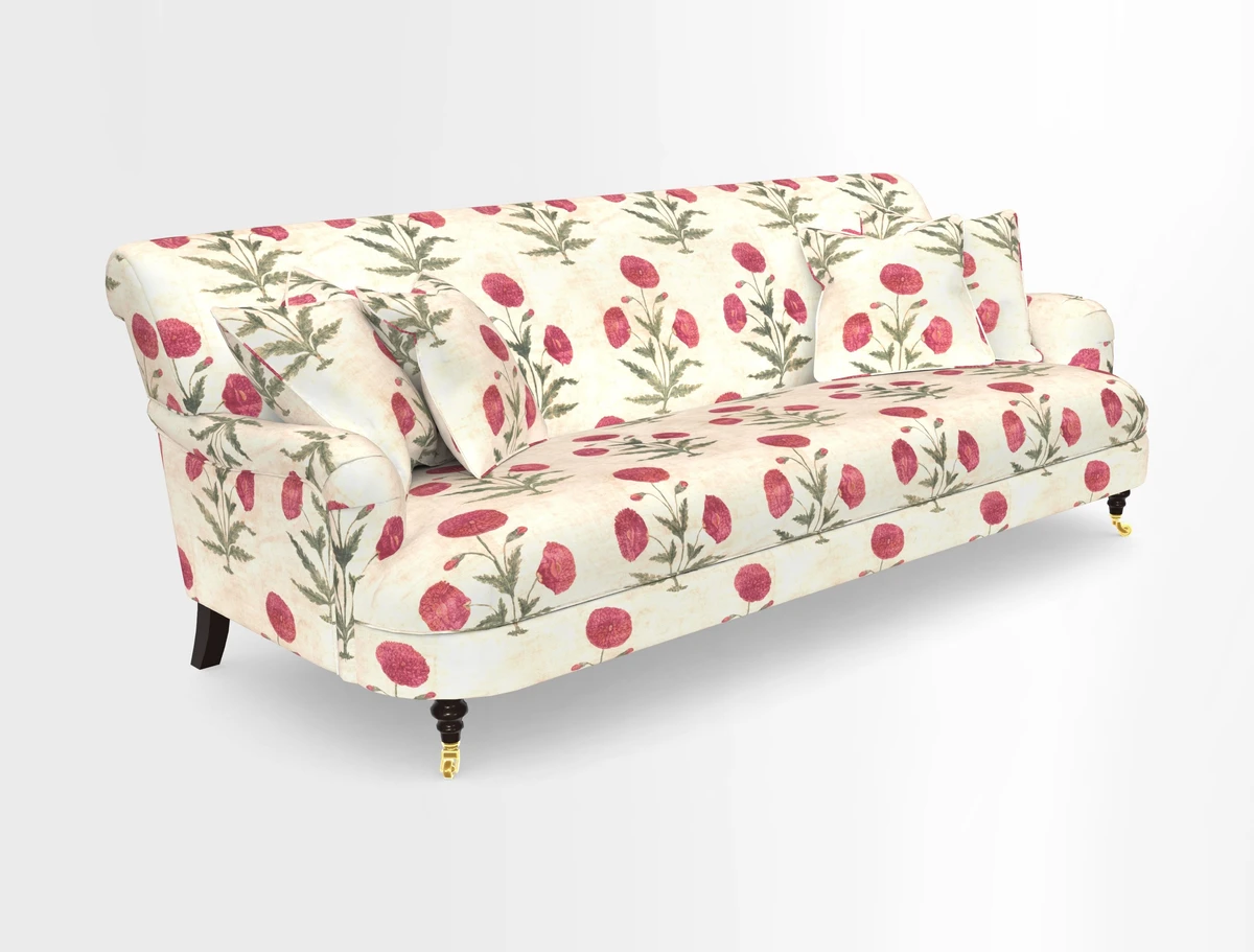 Holmfirth 3 Seater Seater Sofa in RHS Collection on Velvet Pieter van Kouwenhoorn Tulips with scatters in Almost Plain Velvet Maple and Brick