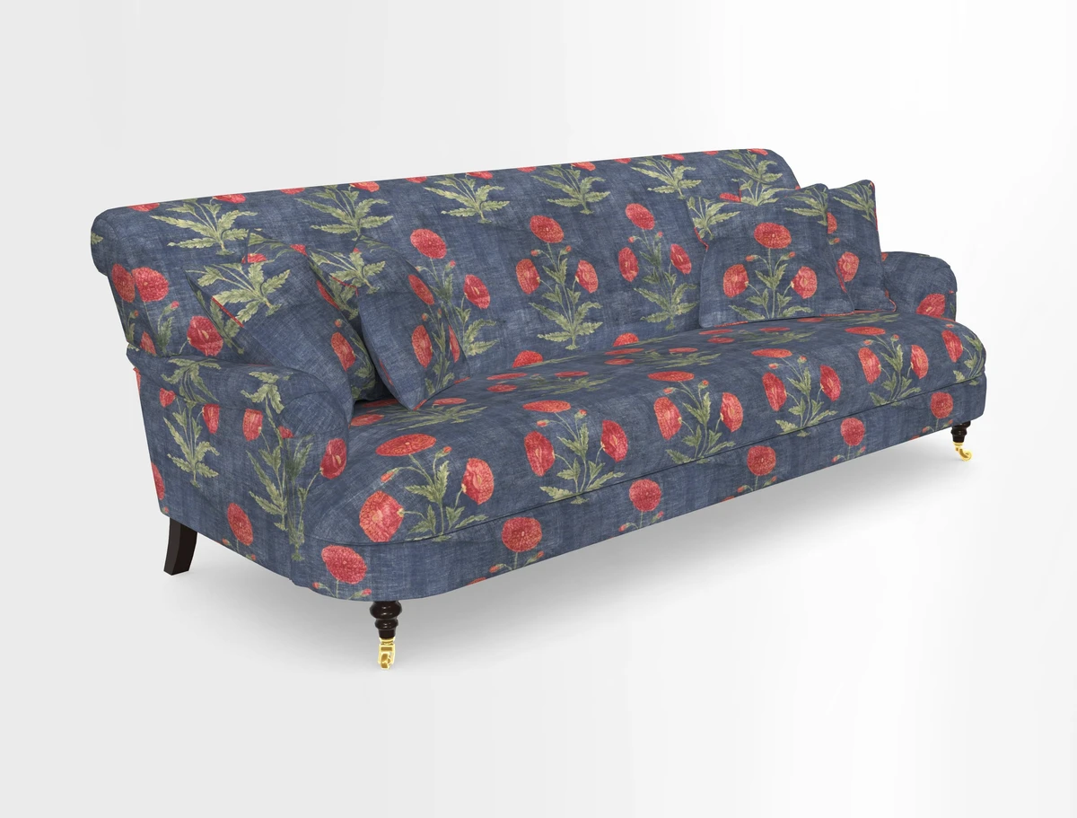 Holmfirth 3 Seater Seater Sofa in RHS Collection on Velvet Pieter van Kouwenhoorn Tulips with scatters in Almost Plain Velvet Maple and Brick