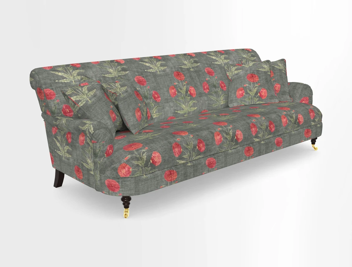 Holmfirth 3 Seater Seater Sofa in RHS Collection on Velvet Pieter van Kouwenhoorn Tulips with scatters in Almost Plain Velvet Maple and Brick
