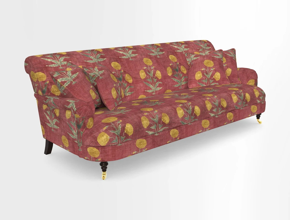 Holmfirth 3 Seater Seater Sofa in RHS Collection on Velvet Pieter van Kouwenhoorn Tulips with scatters in Almost Plain Velvet Maple and Brick