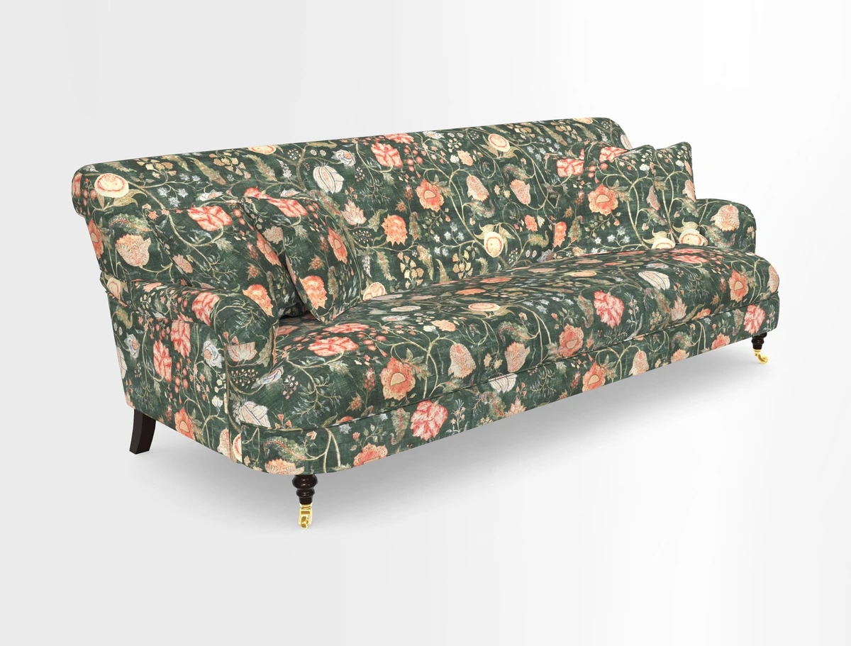 Holmfirth 3 Seater Seater Sofa in RHS Collection on Velvet Pieter van Kouwenhoorn Tulips with scatters in Almost Plain Velvet Maple and Brick