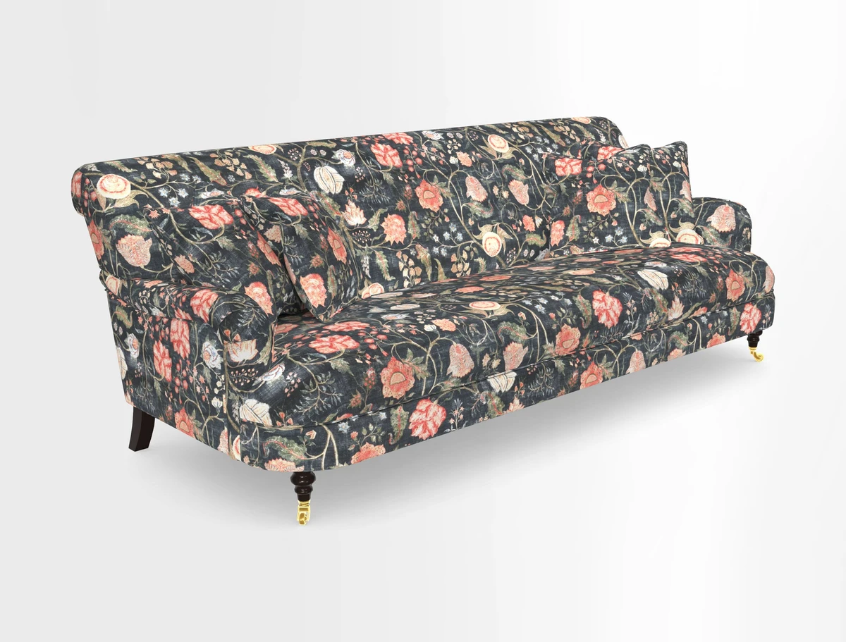 Holmfirth 3 Seater Seater Sofa in RHS Collection on Velvet Pieter van Kouwenhoorn Tulips with scatters in Almost Plain Velvet Maple and Brick