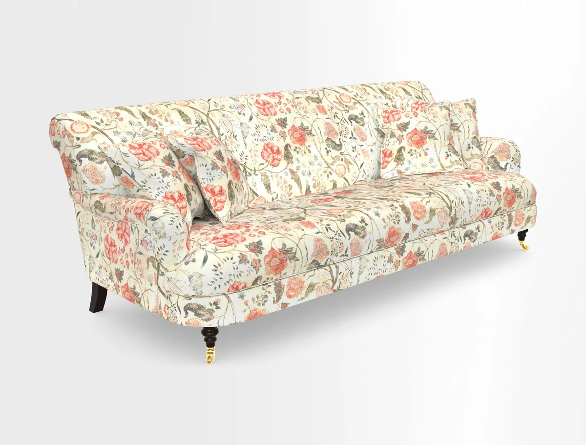 Holmfirth 3 Seater Seater Sofa in RHS Collection on Velvet Pieter van Kouwenhoorn Tulips with scatters in Almost Plain Velvet Maple and Brick