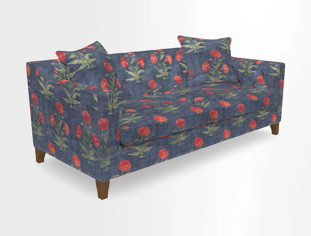 Haresfield 3 Seater Sofa in Linwood Omega Velvet Omega Airforce with Contrasting Piping