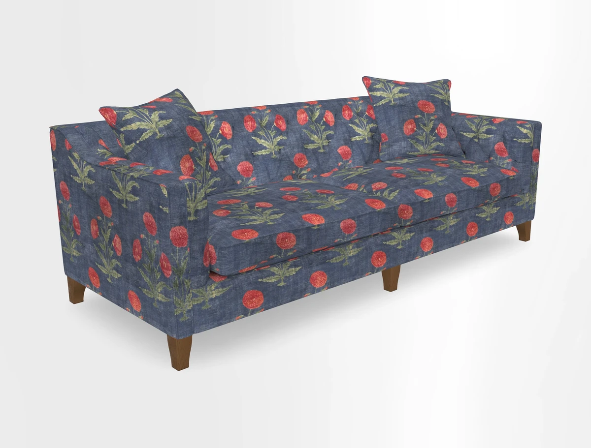 Haresfield 3 Seater Sofa in Linwood Omega Velvet Omega Airforce with Contrasting Piping