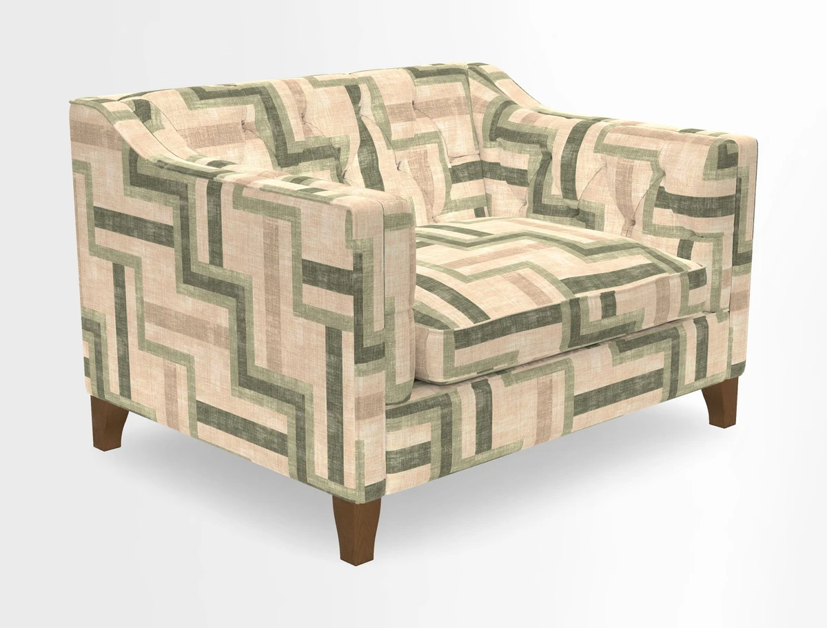 Haresfield Snuggler Dipped Arms in Mohair Lichen Seat Cushion in RHS Gertrude Jekyll Meadow Flower Olive and Scatters in RHS Gertrude Jekyll Folklore Olive