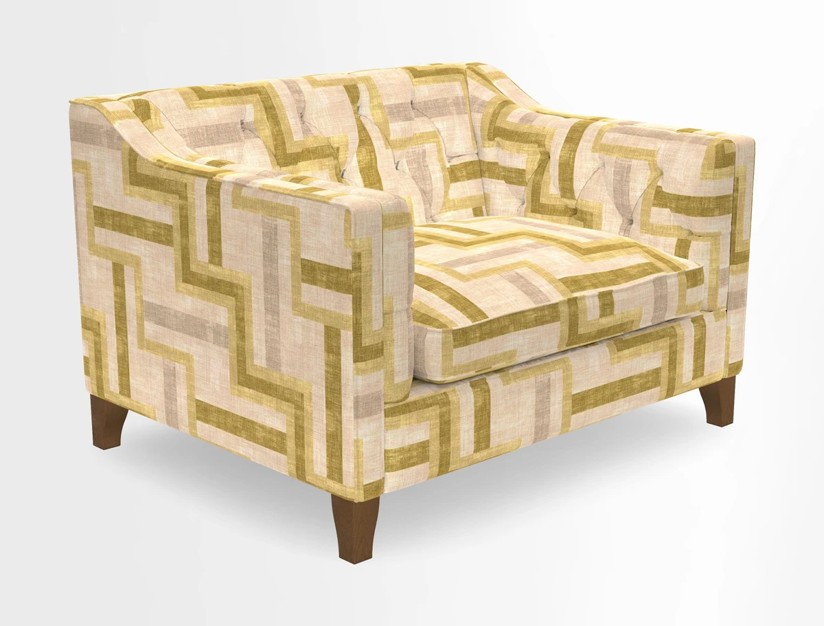 Haresfield Snuggler Dipped Arms in Mohair Lichen Seat Cushion in RHS Gertrude Jekyll Meadow Flower Olive and Scatters in RHS Gertrude Jekyll Folklore Olive