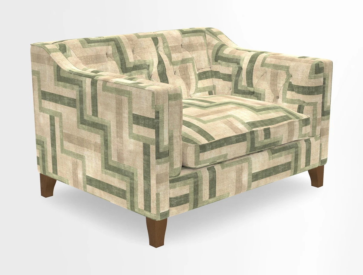 Haresfield Snuggler Dipped Arms in Mohair Lichen Seat Cushion in RHS Gertrude Jekyll Meadow Flower Olive and Scatters in RHS Gertrude Jekyll Folklore Olive