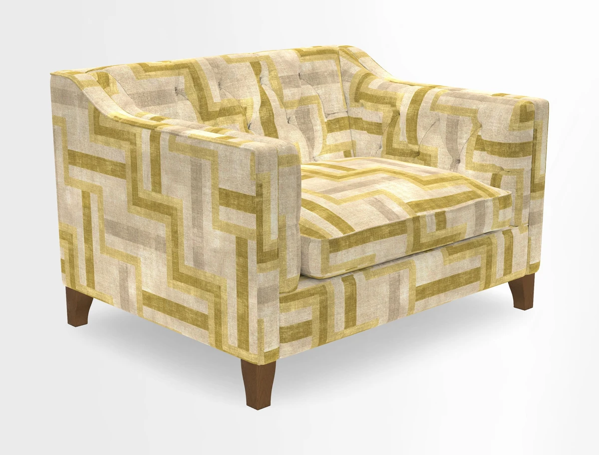 Haresfield Snuggler Dipped Arms in Mohair Lichen Seat Cushion in RHS Gertrude Jekyll Meadow Flower Olive and Scatters in RHS Gertrude Jekyll Folklore Olive