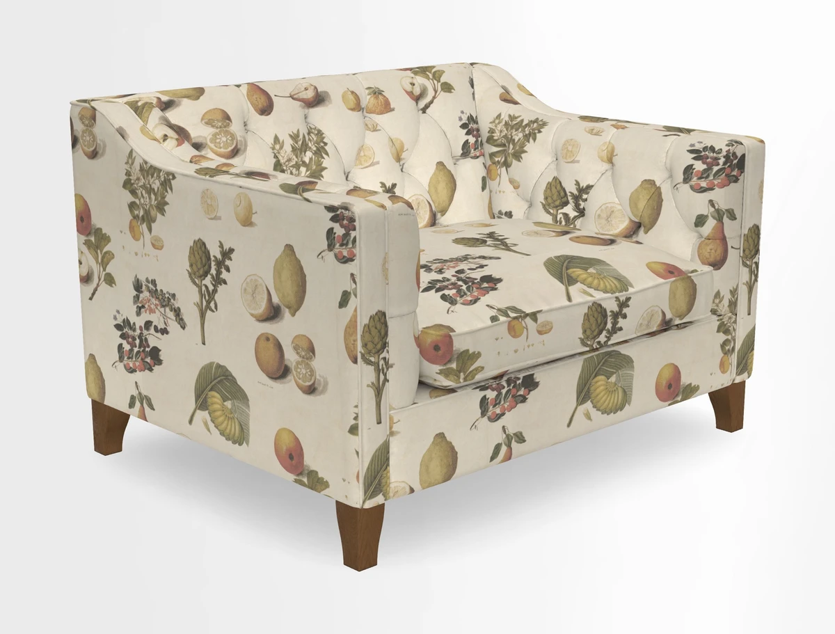 Haresfield Snuggler Dipped Arms in Mohair Lichen Seat Cushion in RHS Gertrude Jekyll Meadow Flower Olive and Scatters in RHS Gertrude Jekyll Folklore Olive