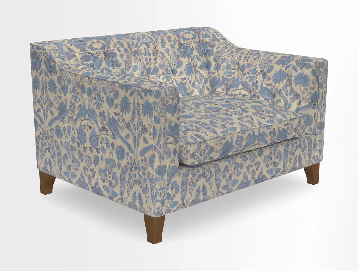 Haresfield Snuggler Dipped Arms in Mohair Lichen Seat Cushion in RHS Gertrude Jekyll Meadow Flower Olive and Scatters in RHS Gertrude Jekyll Folklore Olive