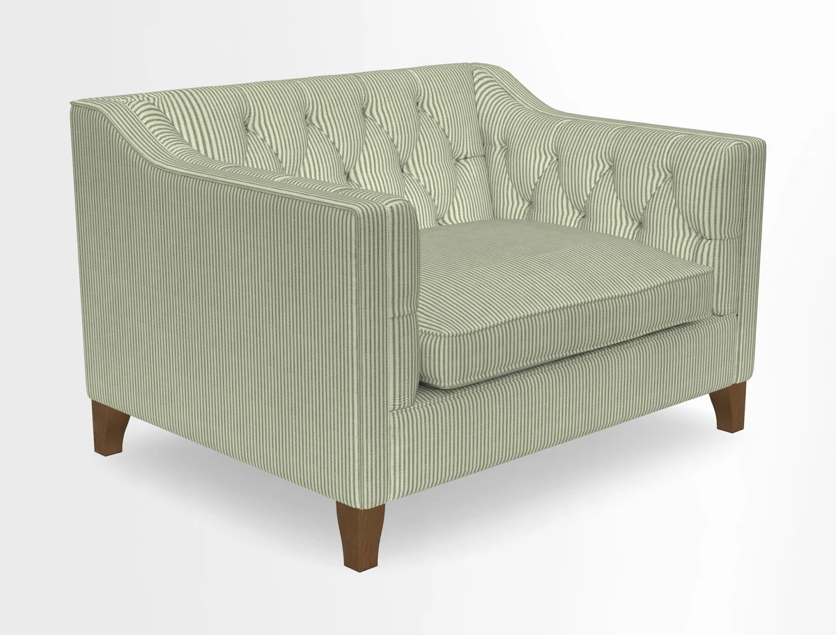 Haresfield Snuggler Dipped Arms in Mohair Lichen Seat Cushion in RHS Gertrude Jekyll Meadow Flower Olive and Scatters in RHS Gertrude Jekyll Folklore Olive