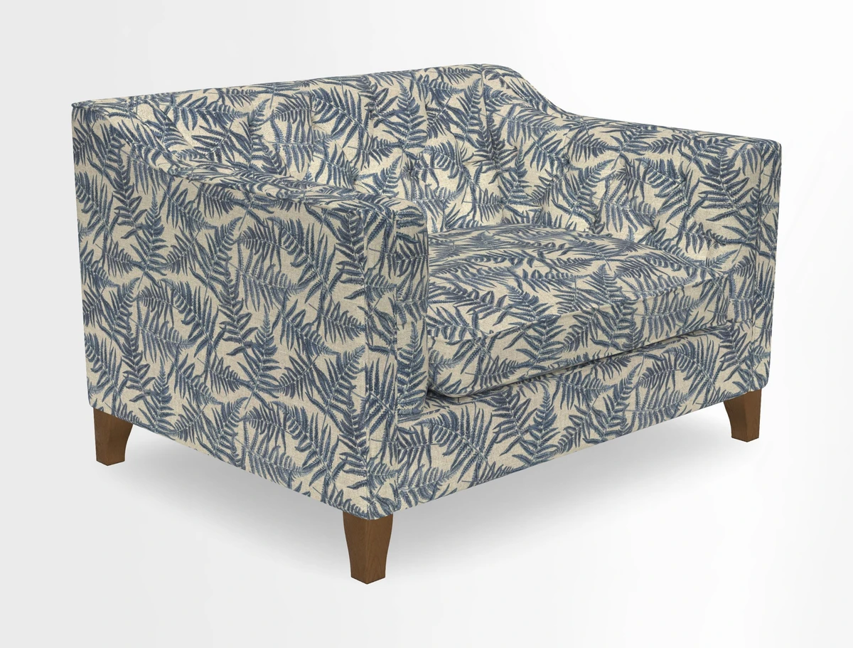 Haresfield Snuggler Dipped Arms in Mohair Lichen Seat Cushion in RHS Gertrude Jekyll Meadow Flower Olive and Scatters in RHS Gertrude Jekyll Folklore Olive