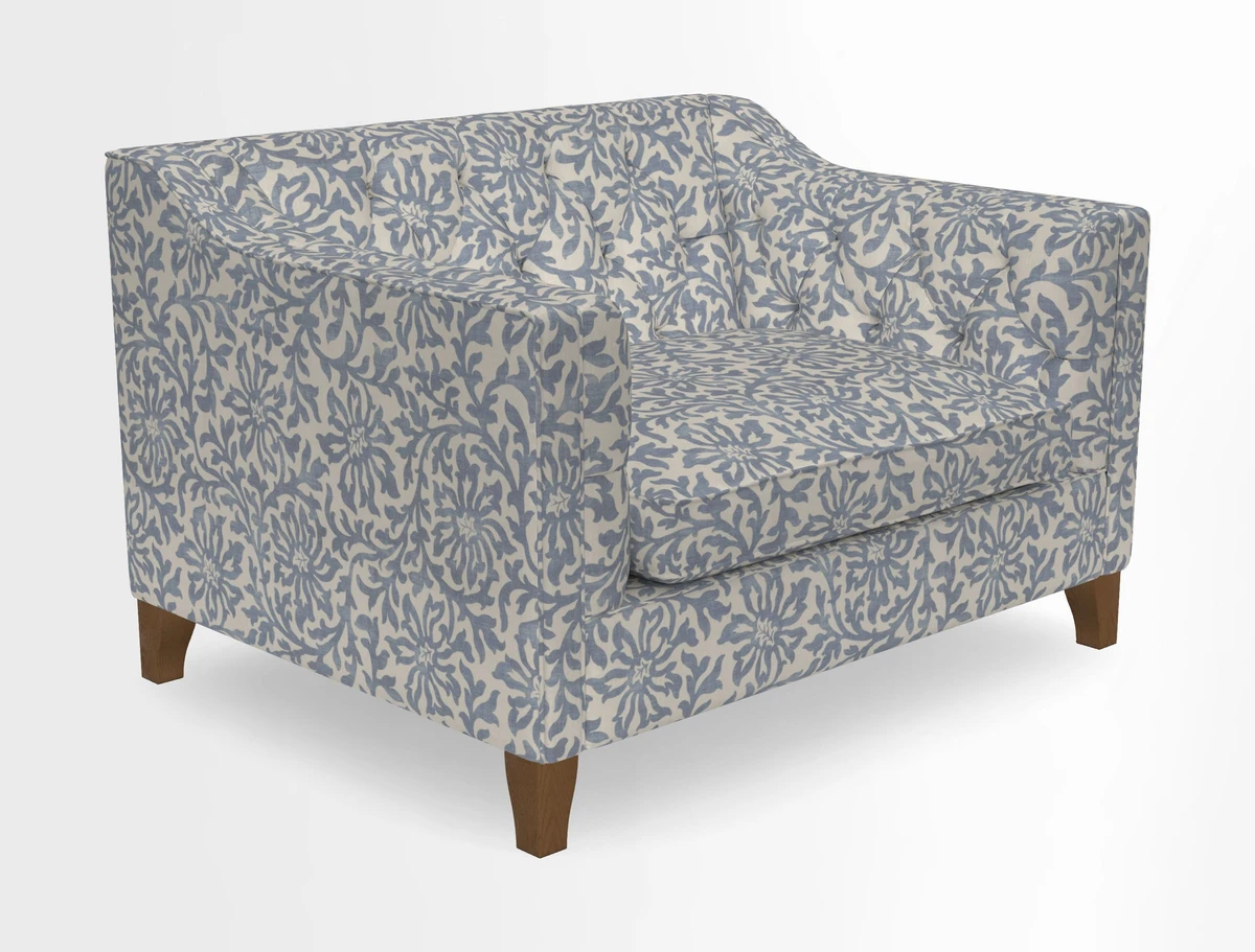 Haresfield Snuggler Dipped Arms in Mohair Lichen Seat Cushion in RHS Gertrude Jekyll Meadow Flower Olive and Scatters in RHS Gertrude Jekyll Folklore Olive