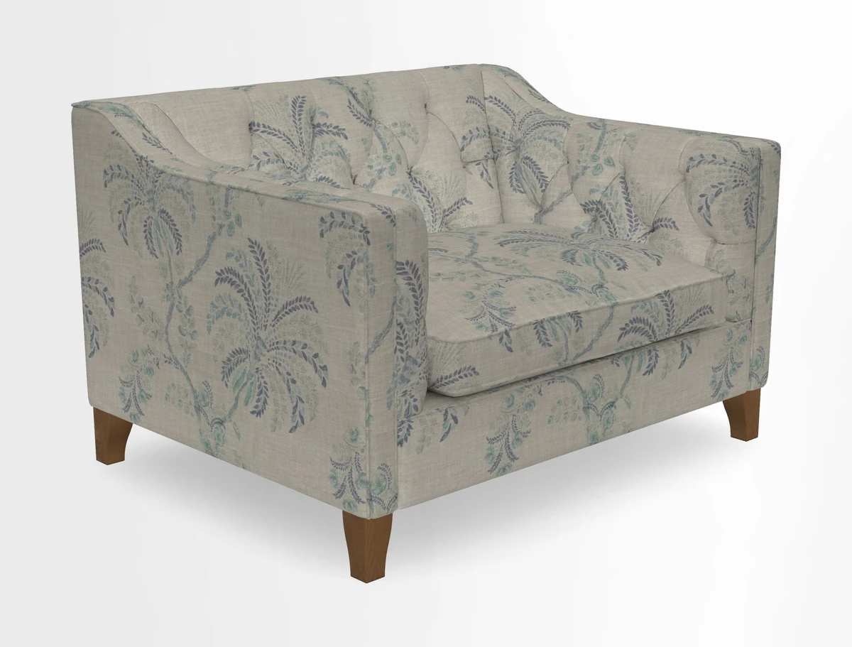 Haresfield Snuggler Dipped Arms in Mohair Lichen Seat Cushion in RHS Gertrude Jekyll Meadow Flower Olive and Scatters in RHS Gertrude Jekyll Folklore Olive