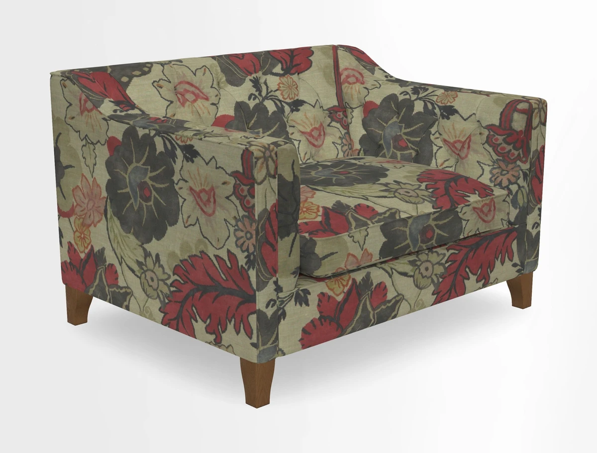 Haresfield Snuggler Dipped Arms in Mohair Lichen Seat Cushion in RHS Gertrude Jekyll Meadow Flower Olive and Scatters in RHS Gertrude Jekyll Folklore Olive