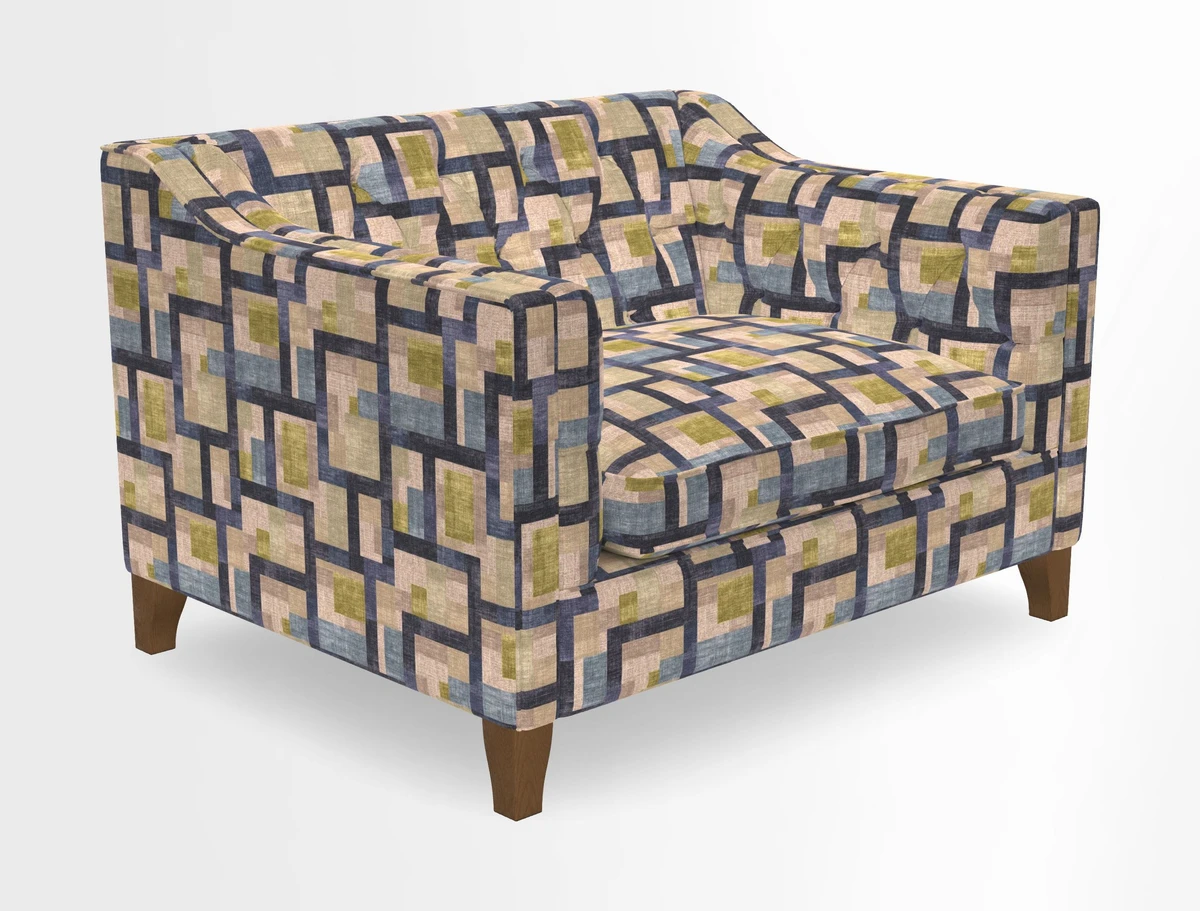 Haresfield Snuggler Dipped Arms in Mohair Lichen Seat Cushion in RHS Gertrude Jekyll Meadow Flower Olive and Scatters in RHS Gertrude Jekyll Folklore Olive