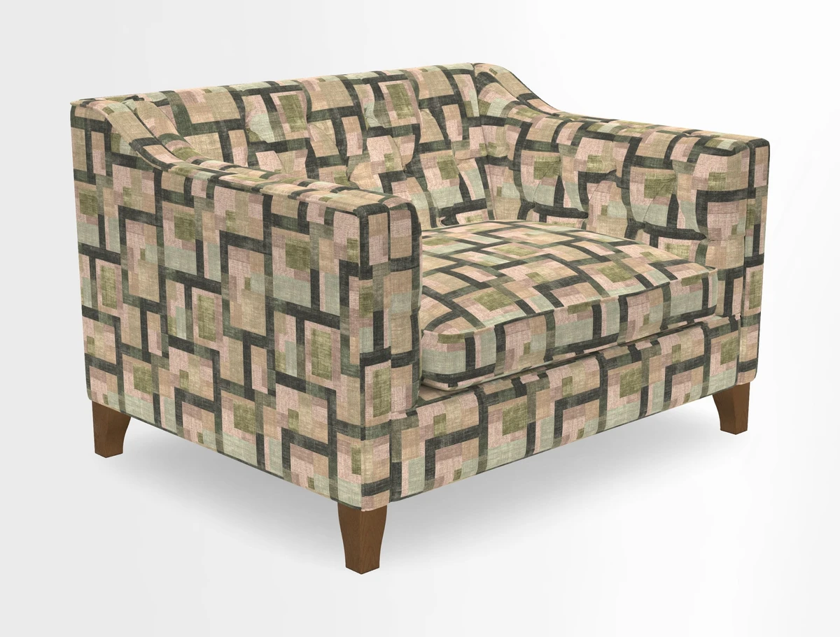Haresfield Snuggler Dipped Arms in Mohair Lichen Seat Cushion in RHS Gertrude Jekyll Meadow Flower Olive and Scatters in RHS Gertrude Jekyll Folklore Olive