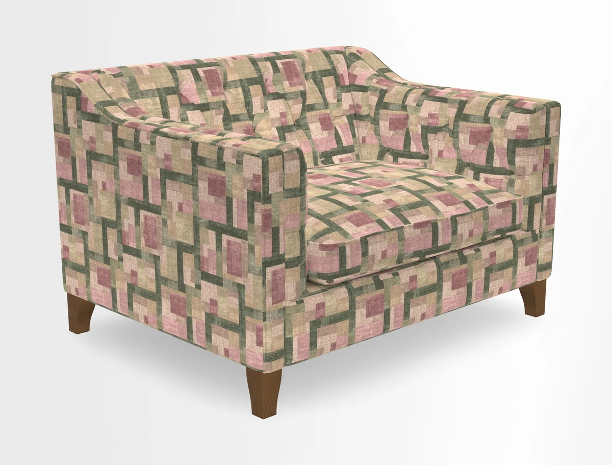 Haresfield Snuggler Dipped Arms in Mohair Lichen Seat Cushion in RHS Gertrude Jekyll Meadow Flower Olive and Scatters in RHS Gertrude Jekyll Folklore Olive