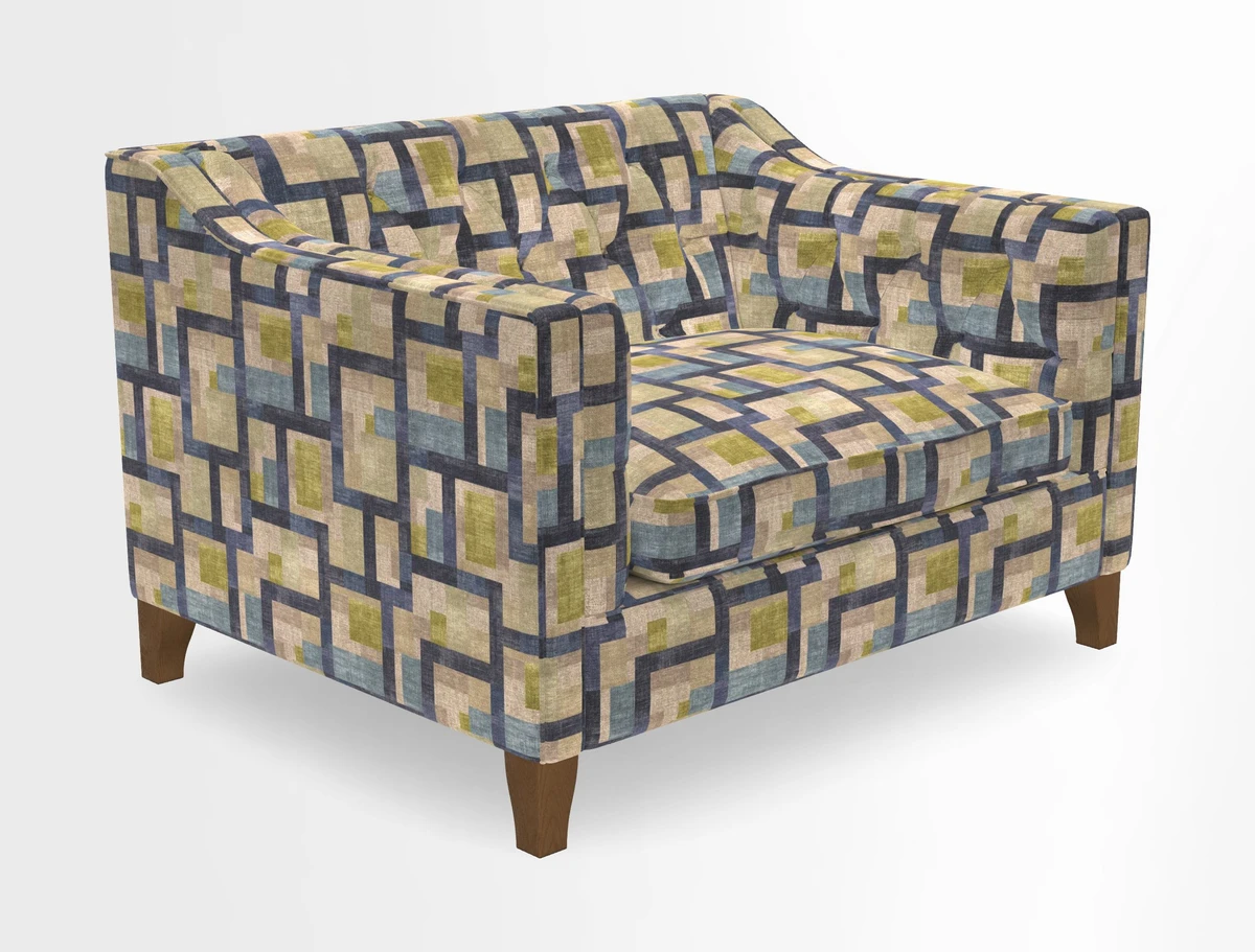 Haresfield Snuggler Dipped Arms in Mohair Lichen Seat Cushion in RHS Gertrude Jekyll Meadow Flower Olive and Scatters in RHS Gertrude Jekyll Folklore Olive