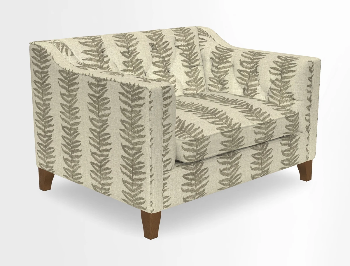Haresfield Snuggler Dipped Arms in Mohair Lichen Seat Cushion in RHS Gertrude Jekyll Meadow Flower Olive and Scatters in RHS Gertrude Jekyll Folklore Olive