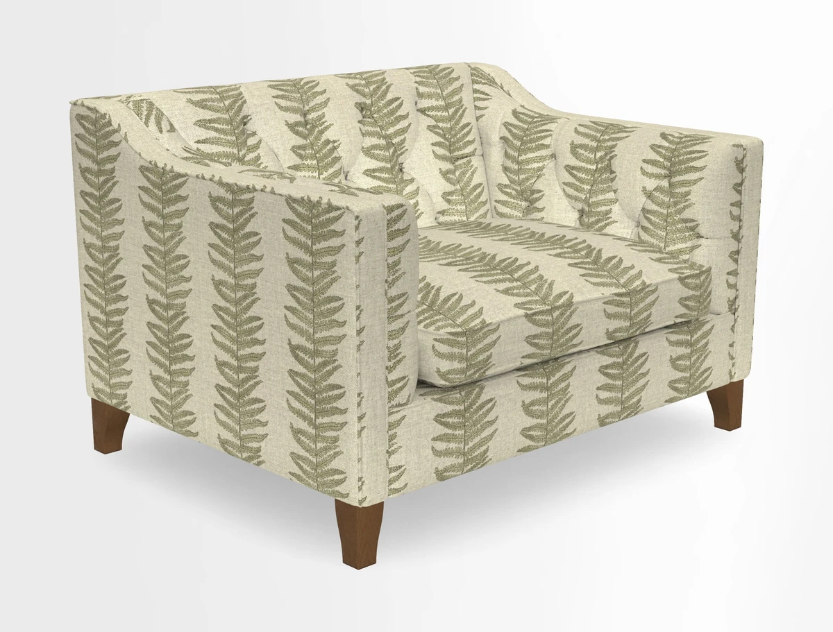 Haresfield Snuggler Dipped Arms in Mohair Lichen Seat Cushion in RHS Gertrude Jekyll Meadow Flower Olive and Scatters in RHS Gertrude Jekyll Folklore Olive