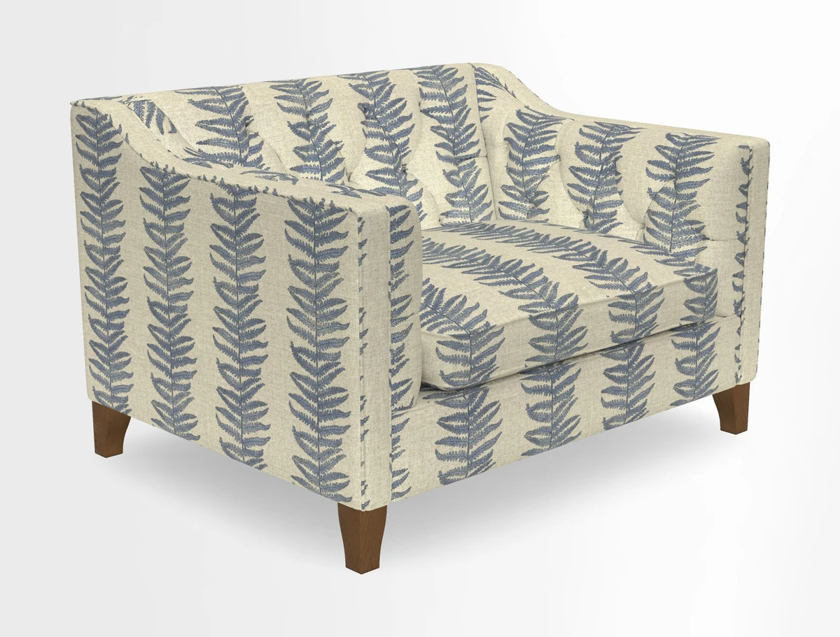 Haresfield Snuggler Dipped Arms in Mohair Lichen Seat Cushion in RHS Gertrude Jekyll Meadow Flower Olive and Scatters in RHS Gertrude Jekyll Folklore Olive
