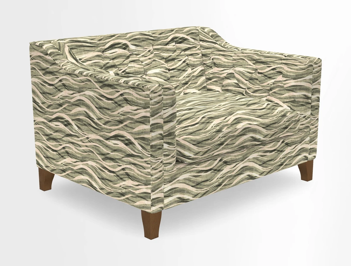 Haresfield Snuggler Dipped Arms in Mohair Lichen Seat Cushion in RHS Gertrude Jekyll Meadow Flower Olive and Scatters in RHS Gertrude Jekyll Folklore Olive