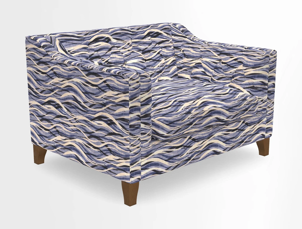 Haresfield Snuggler Dipped Arms in Mohair Lichen Seat Cushion in RHS Gertrude Jekyll Meadow Flower Olive and Scatters in RHS Gertrude Jekyll Folklore Olive