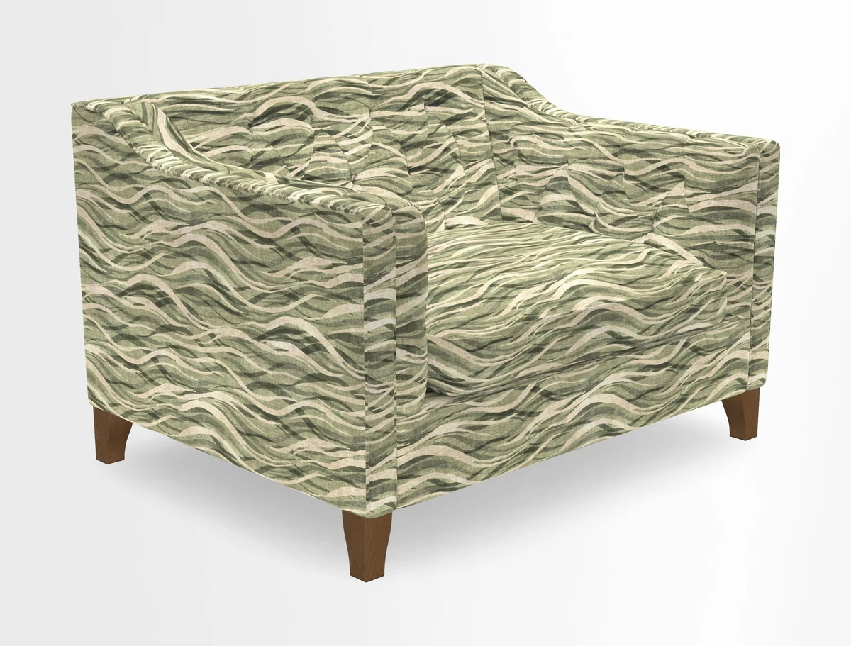 Haresfield Snuggler Dipped Arms in Mohair Lichen Seat Cushion in RHS Gertrude Jekyll Meadow Flower Olive and Scatters in RHS Gertrude Jekyll Folklore Olive
