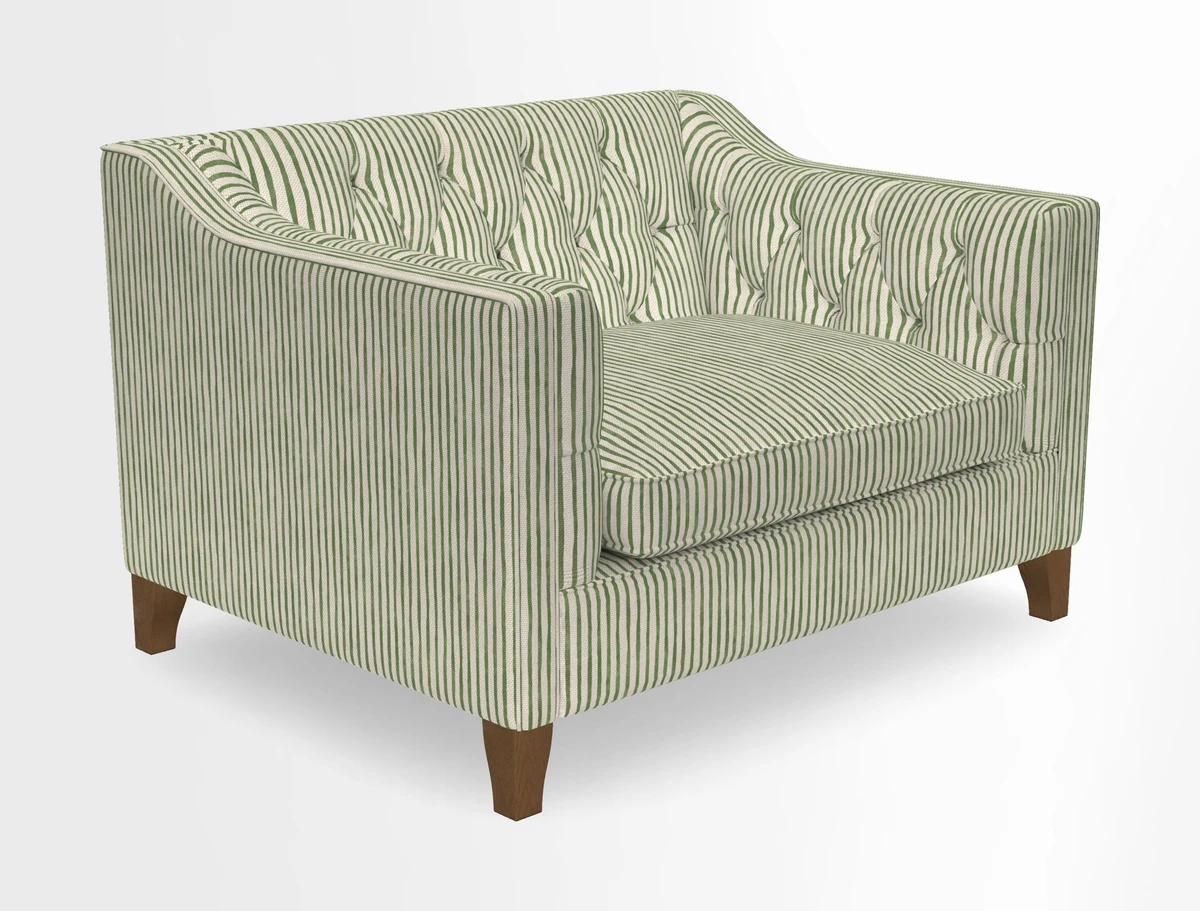 Haresfield Snuggler Dipped Arms in Mohair Lichen Seat Cushion in RHS Gertrude Jekyll Meadow Flower Olive and Scatters in RHS Gertrude Jekyll Folklore Olive